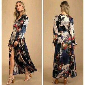 Lulu's Put on a Smile Blue Floral Print Satin Wrap Maxi Dress Size Medium